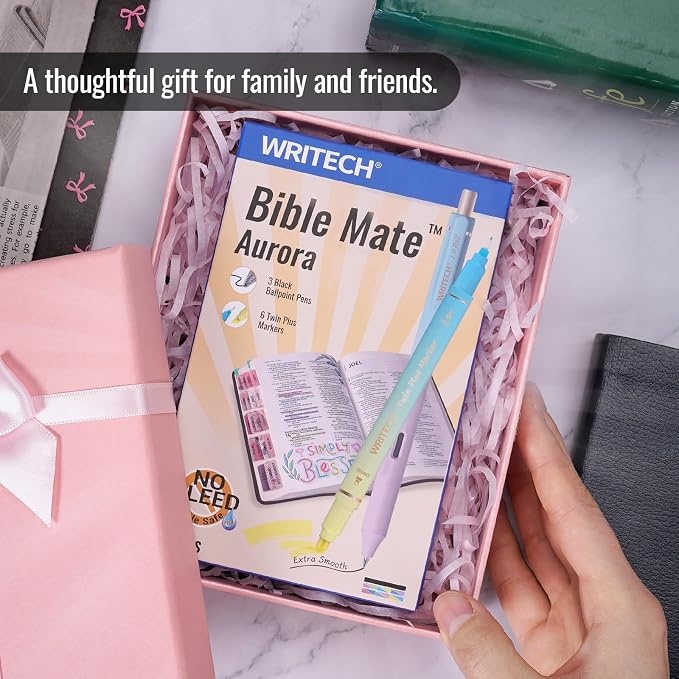 WRITECH Bible Mate Journaling Set: Highlighters & 1.0mm Ballpoint Pens 9ct | No Bleed Bible-Safe Dual Tip Highlighters + Black Pens Pastel Colors Quick Dry Ink Teachers Nurses Office