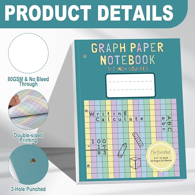 1 Pack Colored Graph Paper Notebook 8.5"x 11" Large Square Graph Paper for 3 Ring Binder 1/2 Inch Squares Math Grid Notebook 3 Hole Punch Graph Writing Paper for Kids School Dyslexia Dysgraphia