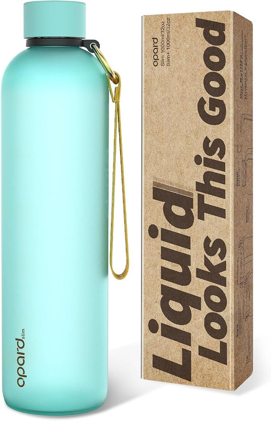 Opard Slim Water Bottle 32oz, Dishwasher Safe Plastic Water Bottle BPA-Free, Leakproof Screw Top,Aqua Green, Reusable for Travel School Sport Gym Hiking