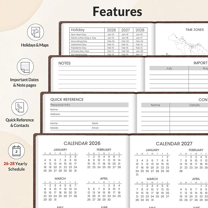 SUNEE 2026-2027 Pocket Weekly Planner for Purse 3.5" x 6" - 12 Month (July 2026 - June 2027) Academic Year Calendar, Pocket Size Planner, Hardcover, Note, 100 GSM Paper, Brown