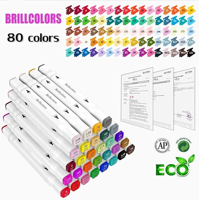 Brillcolors 80 Colors Alcohol Markers with Base Dual Tip Drawing Markers for Adult and Kids Comics Coloring Sketching Illustration (80 White) -Refillable