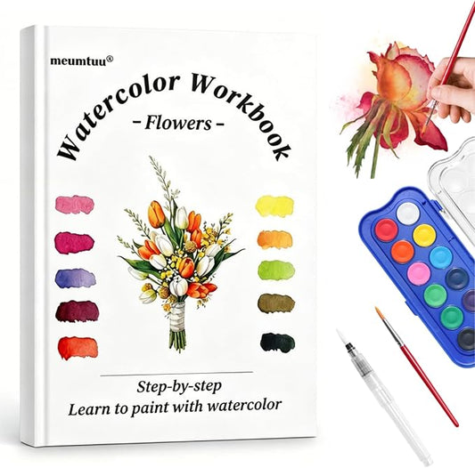 Watercolor Workbook for Beginners - Water Colors Paint Adult Set Including Video and Step by Step Tutorials,12 Flowers Water Coloring Book，300GSM Bleed-Resistant Paper，Relaxing Art Gift for Adults (Floral with Paints)