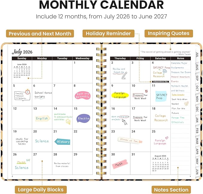 Planner 2026-2027, Monthly and Weekly Academic Planner July 2026 - June 2027, Hardcover Student Teacher Planning Agenda Calendar Book with Tabs, Perfect for Office School Supplies, A5 (6.3" x 8.5") - Leopard