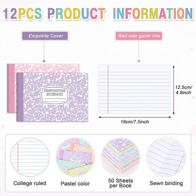 12 Pack Half Size Composition Notebooks Wide Ruled Marble Journal, Pastel