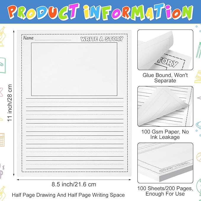 100 Sheets Writing Beginner Paper for Kids Create Story, 8.5"x11" Handwriting Paper Bulk with Picture Space and Lines DIY Craft Writing Kit for Kids Journal Activity, Back to School Gifts