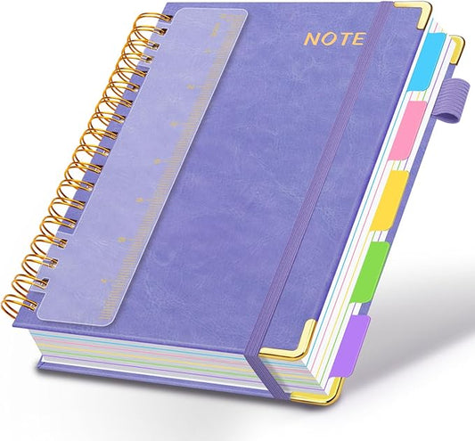 Hardcover Spiral Notebooks for Work 6.2"x 8.2", 300 Pages 5 Subject Notebook with Dividers & Tabs, A5 Spiral Journal for Women, College Ruled Notebook for School Note-Taking (Lilac Purple)