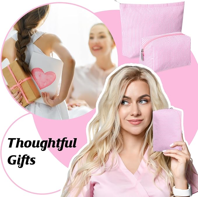 Huhumy 2 Pcs Makeup Bag Set for Women, Pink, Thin Striped Seersucker | Cute Cosmetic Pouch Women Travel Toiletry Bag Preppy Small Makeup Purse Pouch Aesthetic Skincare Brushes Storage Organizer
