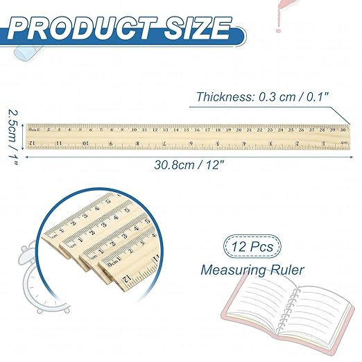 PATIKIL 12 Inch Wooden Rulers, 12Pcs Drafting Ruler Measuring Drafting Tools with Centimeters and Inches for Office Home Teacher Drawing Supplies, Wood