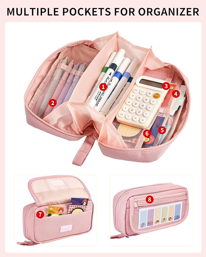 Large Pencil Case, Wide Opening Pencil Pouch with Zipper, Multi-layer Aesthetic Pen Bag for Teens Girls Women, Portable Pen Holder for Office College School (Pink)