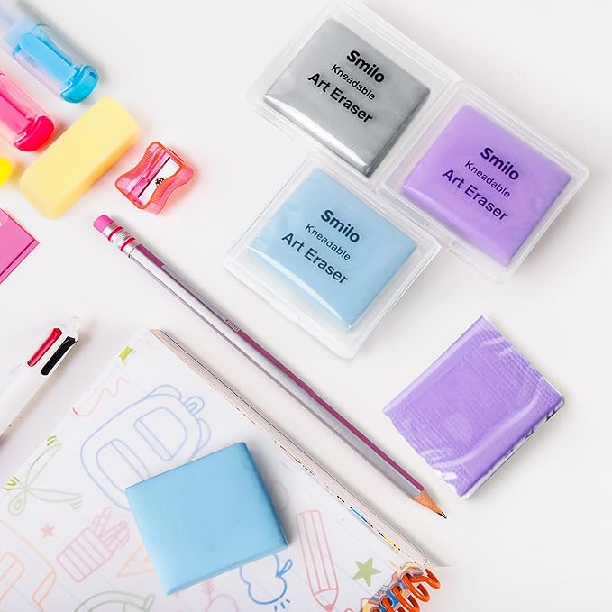 Smilo 8-Pack Gray Kneaded Erasers | Moldable & Dust-Free Putty Eraser | No Smudge Art Eraser with Case for Drawing
