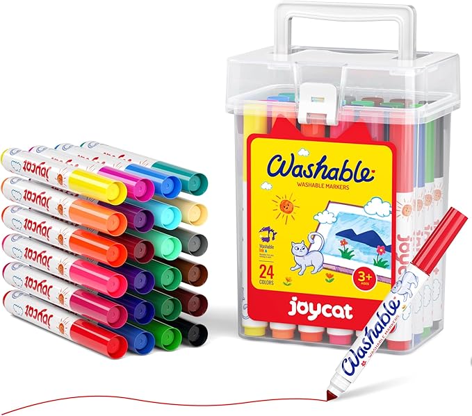 JoyCat 24 Colors Washable Markers for Kids, Broad Line Art Markers with Portable Travel Case, Non-Toxic School Art Supplies for Boys Girls, Ideal for Coloring Books & Classroom Projects