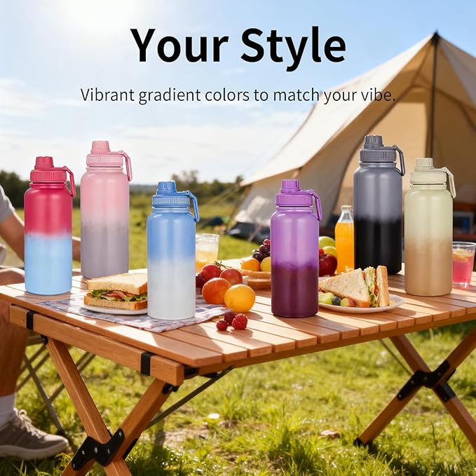 Gulex Water Bottle 32oz - Leakproof & BPA Free Sports Water Bottle Carry Strap for Gym, Travel and Outdoor Sports (Stainless steel insulation-Pink)