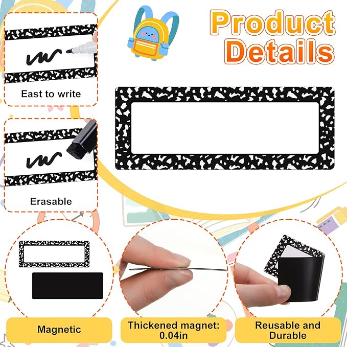 Eaasty 48 Pcs Dry Erase Magnetic Label Back to School Magnetic Name Labels Colored Black White Composition Dots Reusable Name Tag for Whiteboard Office Home(Not Include Pen)(Composition Notebook Dots)