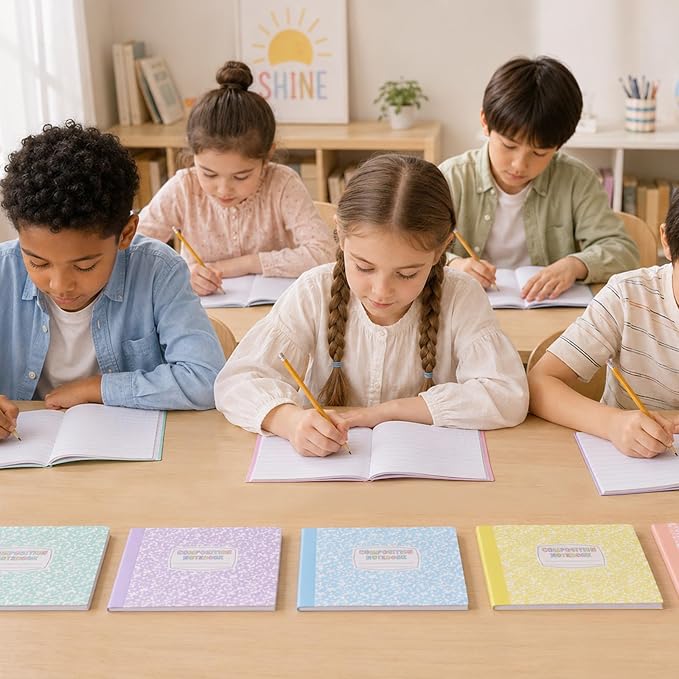 6 Pack Half Size Composition Notebooks Wide Ruled Marble Journal, Pastel