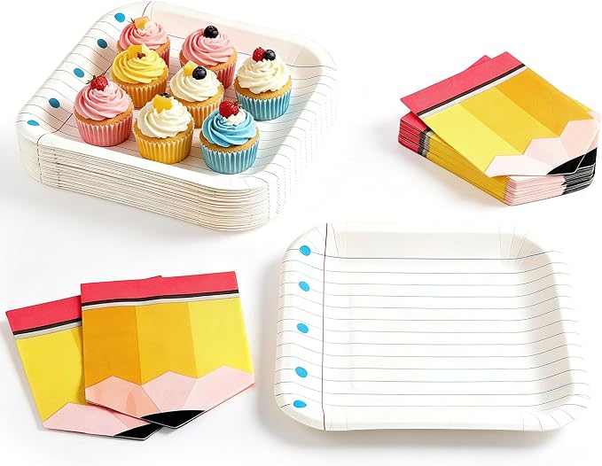 Kochorie 100 PCS Back to School Paper Plates and Napkins Set Serves 50 Dispsable Notebook Plates First Day of School Dinnerware Set for Kindergarten Preschool Classroom Composition Party Decor