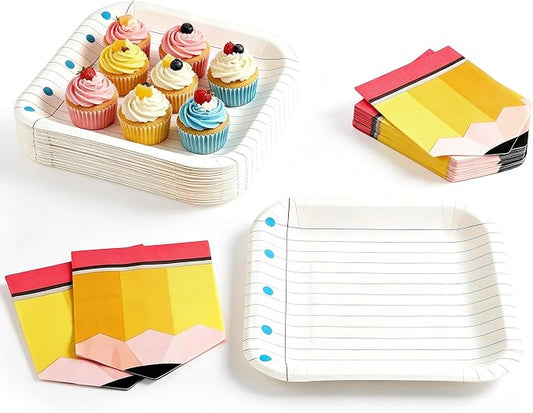 Kochorie 100 PCS Back to School Paper Plates and Napkins Set Serves 50 Dispsable Notebook Plates First Day of School Dinnerware Set for Kindergarten Preschool Classroom Composition Party Decor