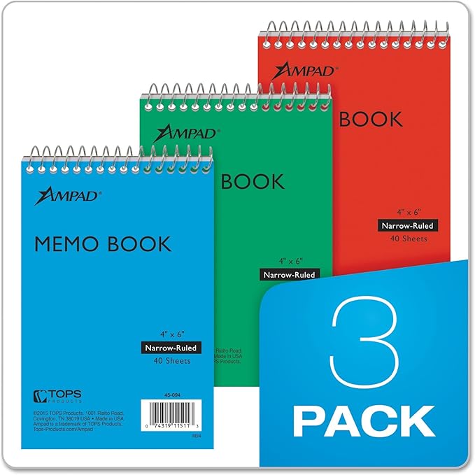 Ampad Efficiency Pocket Notebook, Recycled, 4 X 6 Inches, Single Wire, Top Open, Assorted Covers,3 Notebooks per Pack, Red/Blue/Green (45-094)