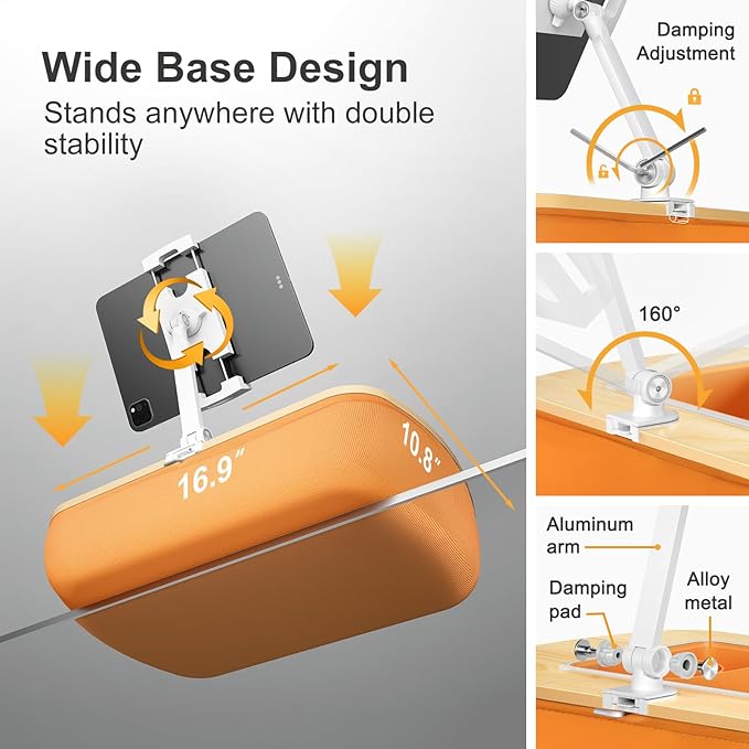 ERGONOV Tablet Pillow Stand for Lap Use with Snack Bowl and 360° Rotating Arm, Adjustable iPad Holder for Bed, Couch, and Recliner, Compatible with 4.7"-13" Kindle, iPad, Tablet, Phone,Orange
