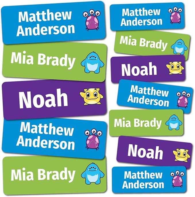 Kids Personalized Name Labels for School, Camp, Daycare (128 Labels) Custom Peel and Stick Waterproof Name Tags Stickers for Water Bottles, Lunch Boxes, Clothing, School Supplies (Monster)