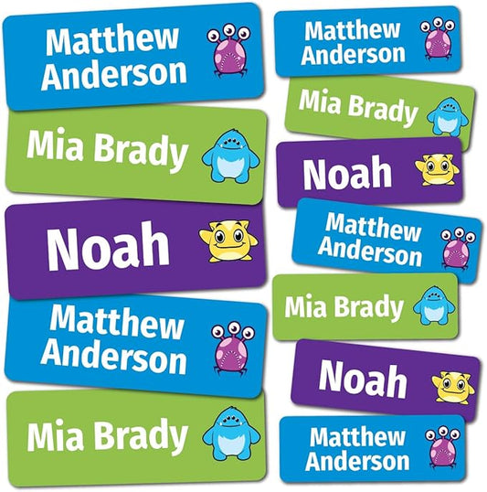Kids Personalized Name Labels for School, Camp, Daycare (128 Labels) Custom Peel and Stick Waterproof Name Tags Stickers for Water Bottles, Lunch Boxes, Clothing, School Supplies (Monster)