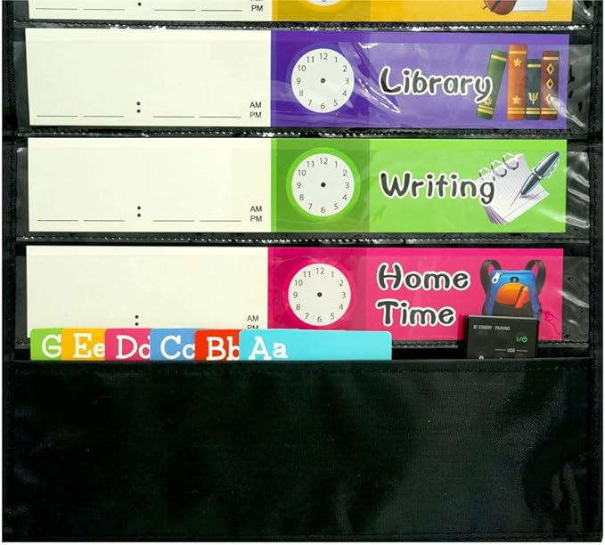 Daily Schedule Pocket Chart， Black Class Schedule with 26 Cards, 13+1 Pockets. 13 colored + 13 blank double-sided reusable Cards, Easy Over-door Mountings included. (13” x 36”)