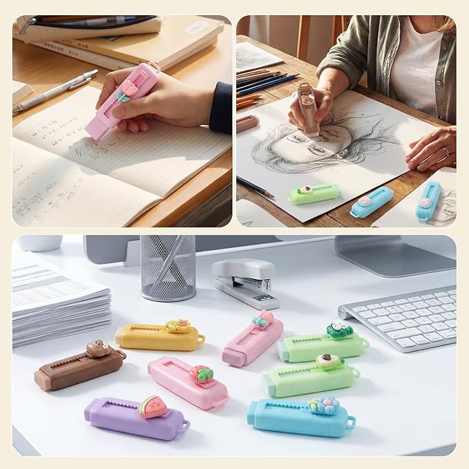 BESARME 12 PCS Retractable Eraser, Cute Erasers Classroom Prizes Fun erasers for School Office Birthday Party Favors Goodie Bag Stuffers End of The Year Gifts for Students