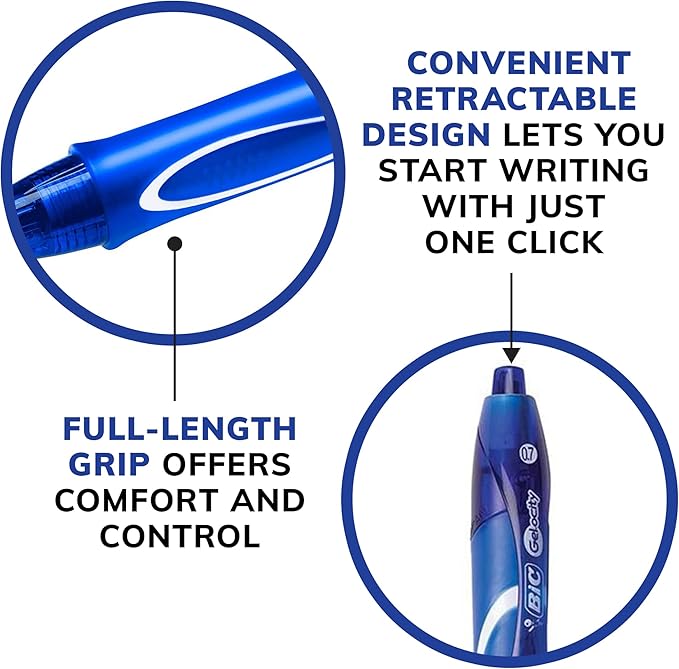 BIC Gelocity Quick Dry Blue Gel Pens, Medium Point (0.7mm), 12-Count Pack, Retractable Gel Pens with Comfortable Full Grip