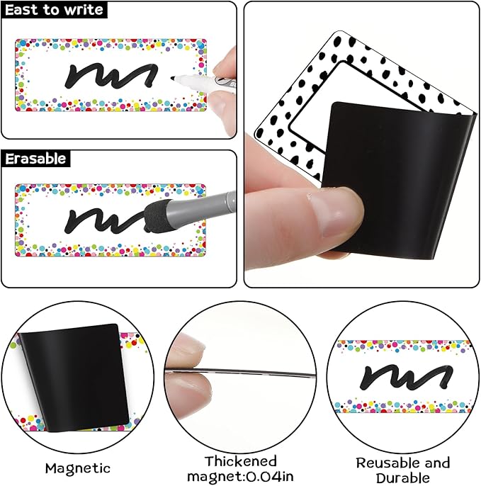 Eaasty 48 Pcs Dry Erase Magnetic Label Back to School Magnetic Name Labels Colored Black White Composition Dots Reusable Name Tag for Whiteboard Office Home(Not Include Pen)(Colored Debris)