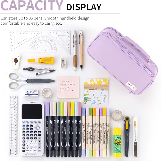 EASTHILL Large Capacity Pencil Case Pen Pouch Organizer Canvas Pencil Bag with Handle School Supplies for Teen Girls-Purple
