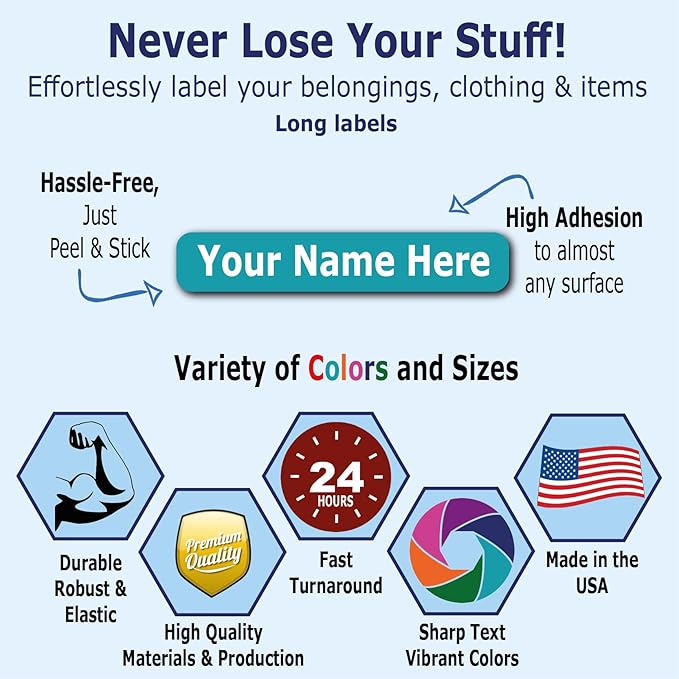 30 Long Personalized Waterproof Name-Labels. Press and Stick Multi-Use Custom ID Stickers. Customized Your Text and Color. Permanent Self-Adhesive Identification Labels.