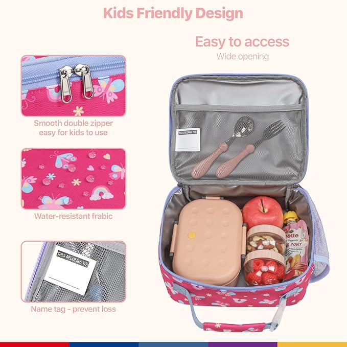 Bagseri Kids Lunch Bag Girls - Thermal Insulated Lunch Box Tote with Water Bottle Holder, Reusable Leak-Proof Kids Lunch Box for Daycare & School, Rose Pink Butterfly (Containers Not Included)