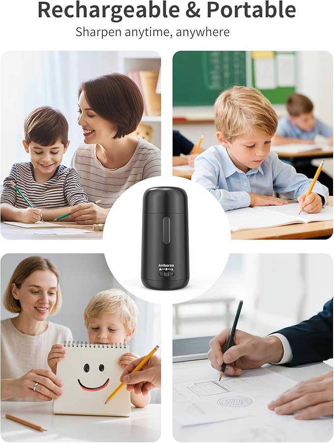 Automatic Electric Pencil Sharpener - Auto Feed, Auto Stop & Auto Eject, Rechargeable for Classroom, Home, School, Office, Black