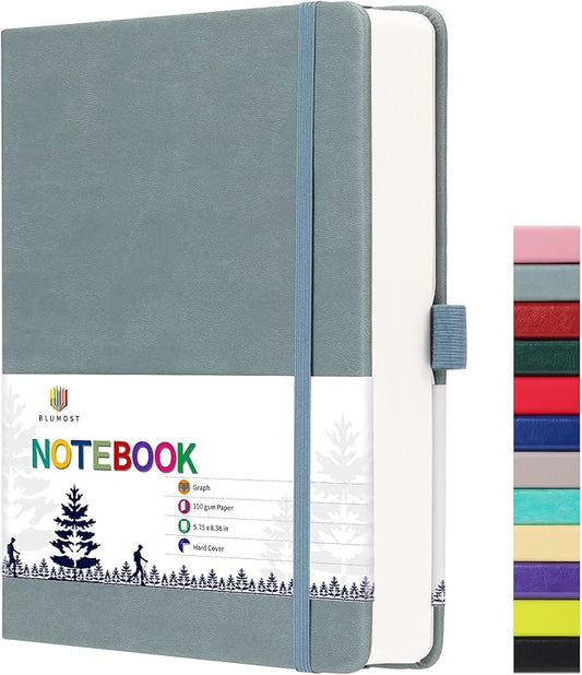 Graph Paper Notebook with 280 Pages,A5 Grid Paper Notebook/Journal,100gsm Thick Graph Leather Journal for Math Science Students,5.75'' × 8.38''-Gray Blue