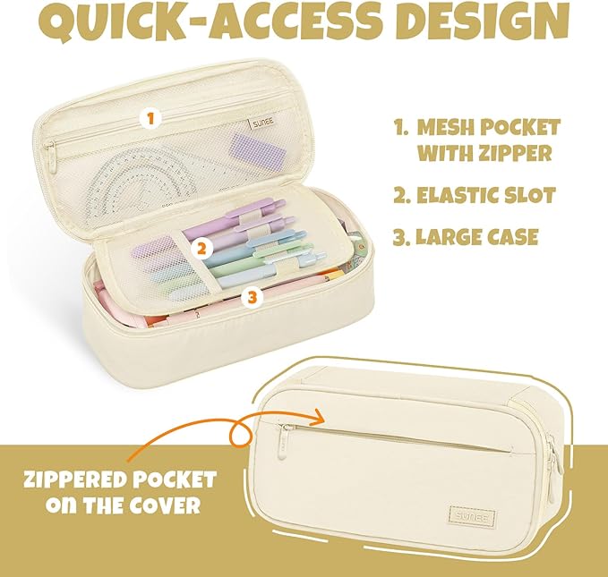 SUNEE Cute Pencil Case, Large Capacity Pencil Pouch, Big Storage Organizer for Stationery, Zipper Pen Bag, Back to School Supplies, Office Water-Repellent Nylon Pencil Bag for Teen Girls Boys, Cream