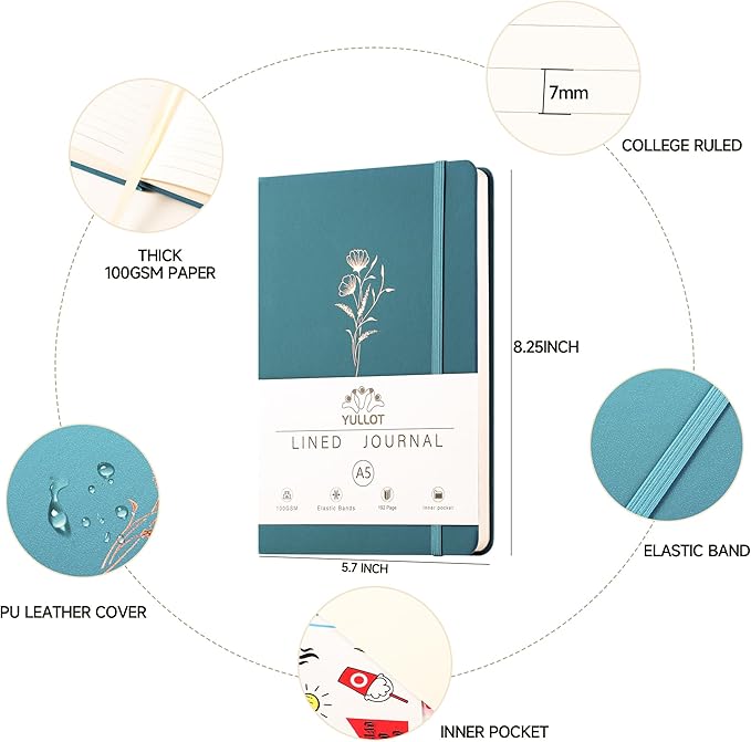 Lined Journal Notebook –A5 PU Leather Hardcover Notebook, 100gsm Thick Bleedproof Paper with Inner Pocket – 192Pages Lined Writing Journal for Students Women Note Taking - Deep Teal