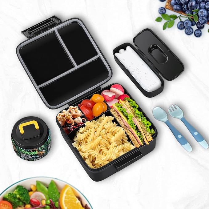 JXXM Bento Lunch Box for Kids With 8oz Soup thermo,Leak-proof Lunch Containers with 5 Compartment,thermo Food Jar and Lunch Bag, Food Containers for School (A-Black(Dinosaur Fossil))