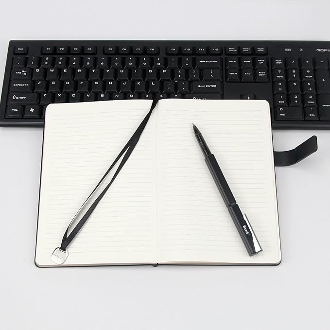 A5 Hard Cover Notebook with Pen Holder, Gold Edges & 180° Lay Flat - Large 5.7x8.4 Lined, Bookmark, Gift Box - Durable Journal for Office, Study, Travel - Writers, Students(Black)