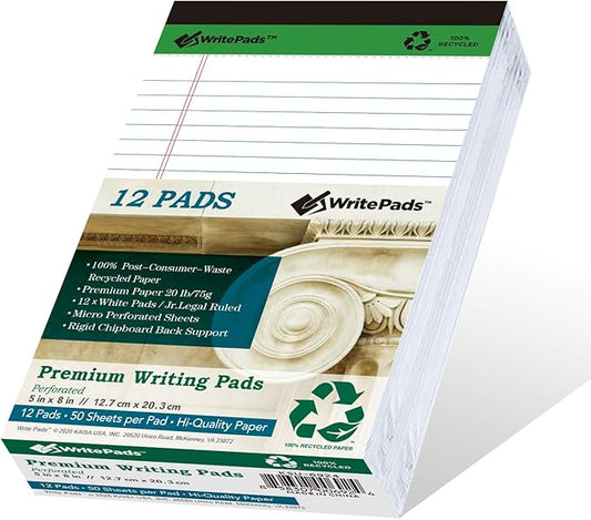 KAISA Small Legal Pads With Rigid Chipboard Back Support Thick Writing Pads Notepads 5"x8" Legal Pad 50sheets/Pad Perforated 20lb Recycled Paper Pads, 12pads,KSU-6924