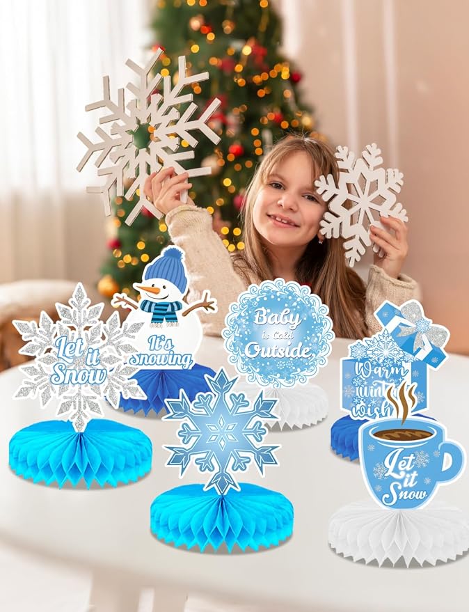 Winter Centerpieces for Table - 9Pcs Snowflake Table Decorations, Let It Snow Party Decorations Snowflake Snowman Honeycomb Centerpieces for Christmas Winter Wonderland Birthday Party Supplies