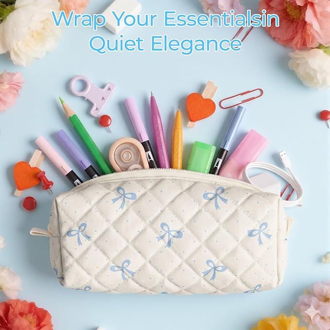 Cute Quilted Pencil Case for Girls Women, Aesthetic Small Floral Pencil Pouch,Slim Soft Pencil Bag for School Supplies Makeup Pouch for School & Daily Use (Blue Mini Bow)