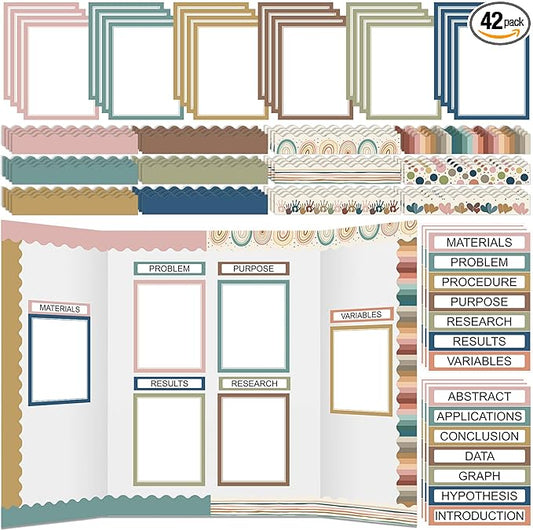 Fuyoooo 90 Pcs Science Fair Board Supplies 60 Trim Scalloped Bulletin Board Borders 24 Presentation Board Subtitles 6 Science Fair Titles for Classroom Display Boards(Boho)
