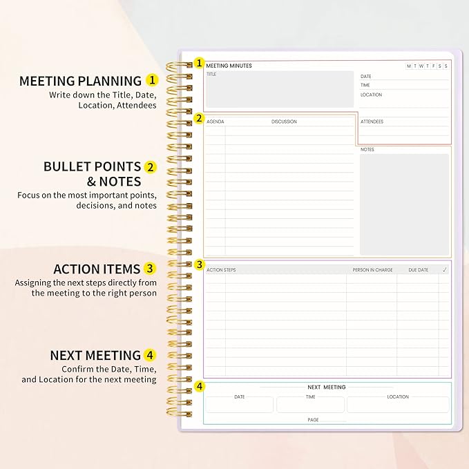 SUNEE Meeting Notebook for Work with Action Items - 160 Pages, A4 Size Project Planner, Spiral Meeting Agenda/Minutes Notebook Organizer for Women Men, Note Taking, Office & Business, 8.5"x11", Purple