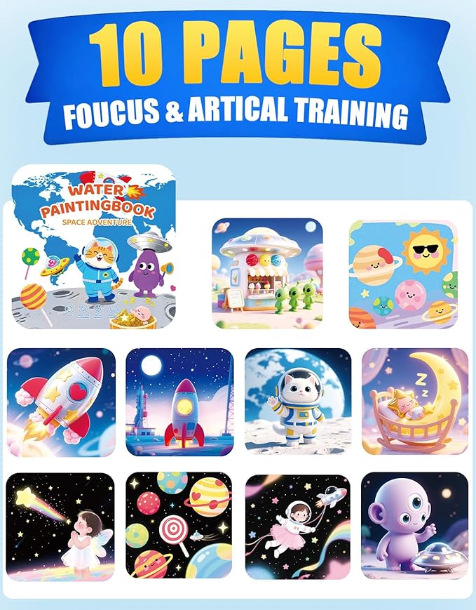K'ONLE Reusable Water Coloring Books for Toddlers, Clean & Easy Painting & Doodle Book Toys for Kids Ages 1-3, 2-4 | Paint with Water Activity Book, Travel Gift for Boys & Girls-Space