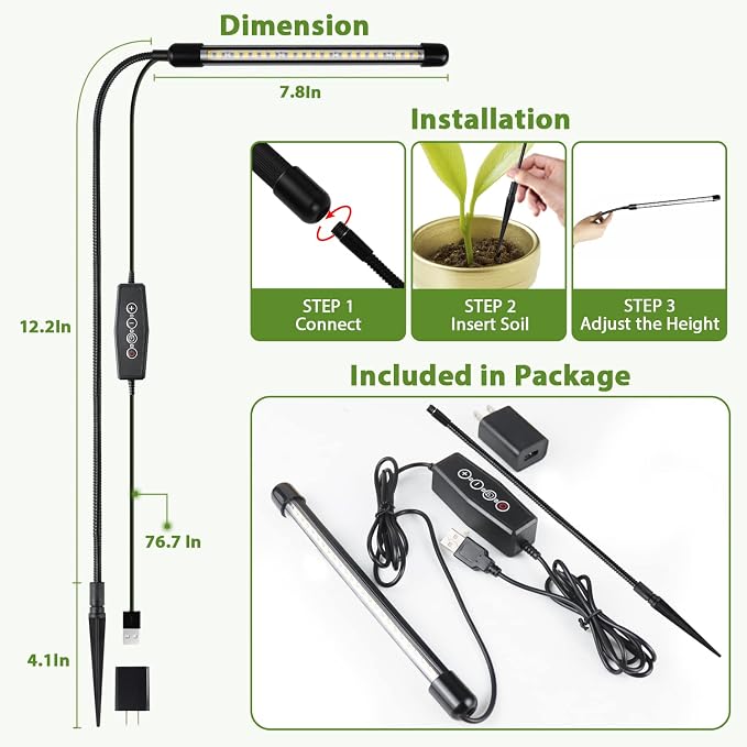 Grow Light for Indoor Plants Growing, 6000K Full Spectrum Gooseneck Plant Lamp for Seedings Succulents Small Plants, Auto On/Off Timing & 5 Dimming, 2-Pack