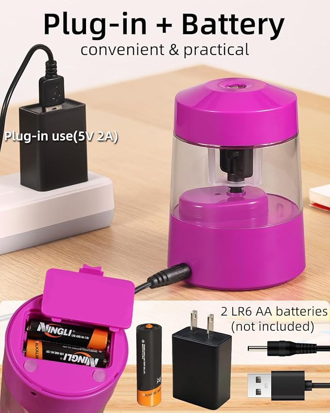 ZMOL Electric Pencil Sharpener Battery Operated Power Kids for Colored & Jumbo Pencils No.2/(6-12mm) - Safe & Easy Use Plug in Portable with (AC Adapter,USB, Battery) for Classroom/Office/Home Pink