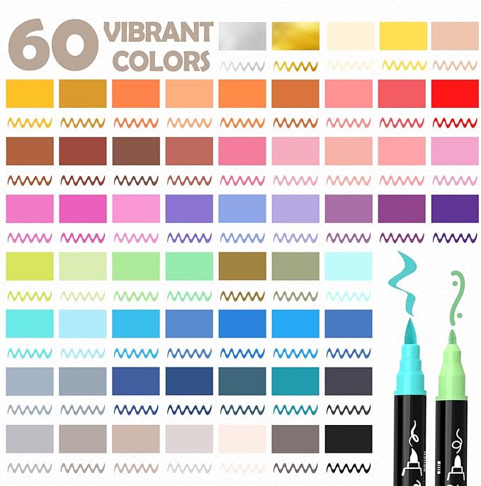TOSHARE 60 Colors Acrylic Paint Markers, Brush & Fine Dual Tip Acrylic Paint Pens for Rock, Wood, Paper, Fabric, Canvas, Glass, Ceramic, Egg, Scrapbook and DIY Crafts Supplies Art Gifts