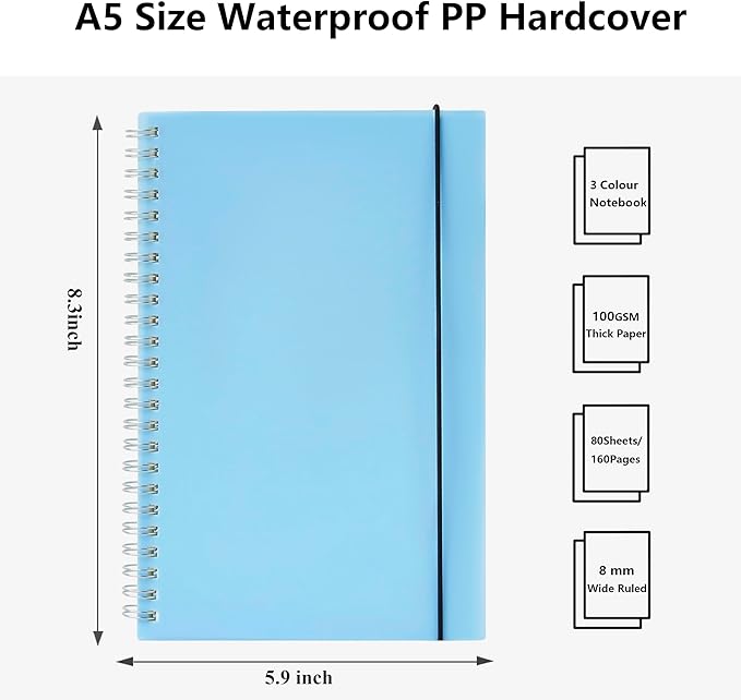 3 Pack Small Notebook, A5 Wide Ruled Spiral Notebook 5.8" x 8.3", 100gsm 8mm Ruled Page, 80 Sheets/160 Pages, Small Spiral Notebook for School, Office, Sketch