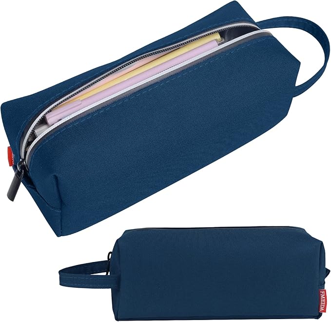 Fmeida Pencil Case Pouch - Water Resistant Pencil Pouch Portable Pencil Bag Simple Office Stationery Pouch with Handle - Navy Blue