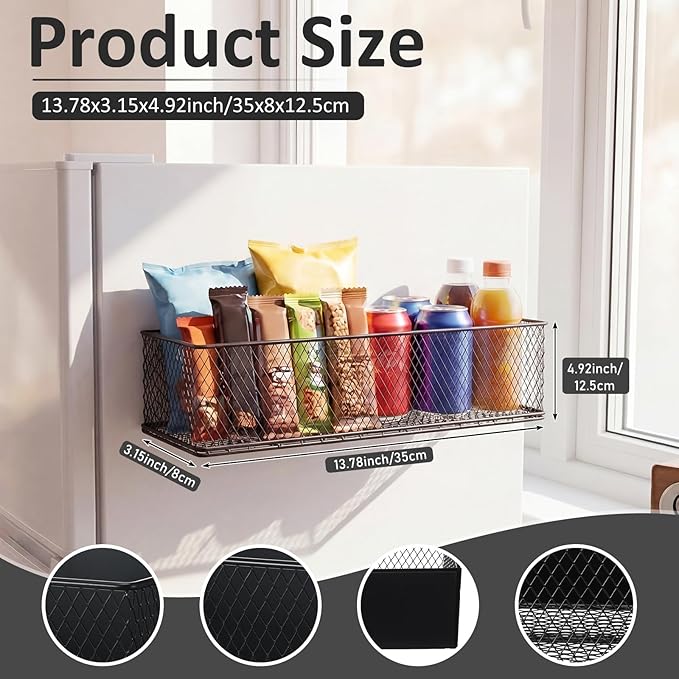 FoldTier 1 Pack Black Magnetic Basket Fridge Organizer, Magnetic Shelf Containers Storage Bin Holder for Kitchen Dorm Locker Refrigerator Classroom Whiteboard Office Table (13.8 x 3.1 x 4.9 Inch)