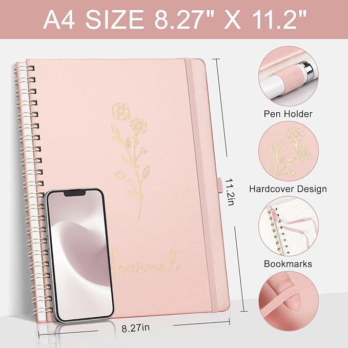 EMSHOI Spiral Graph Paper Notebook, Hardcover Leather Journal, 100 GSM Thick Paper, 5mm Grid Paper Notebook for School Writing Math Graphing Engineering, Large A4(8.27"x11.2") - Rose Gold